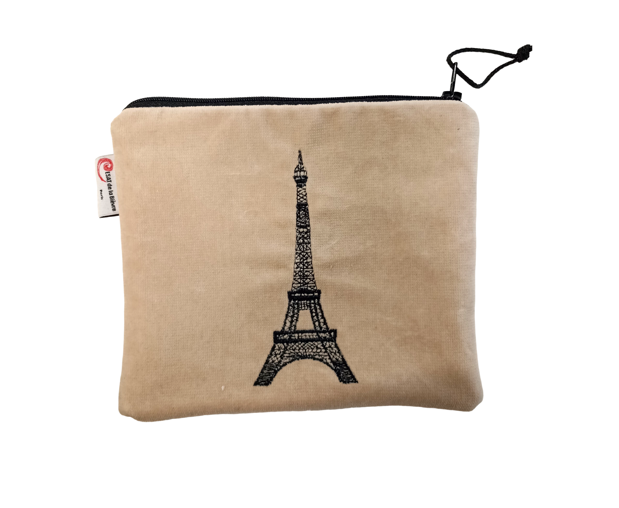 Pochette brodée « Tour Eiffel » en coton et simili-cuir, création de l’ESAT de la Bièvre.
