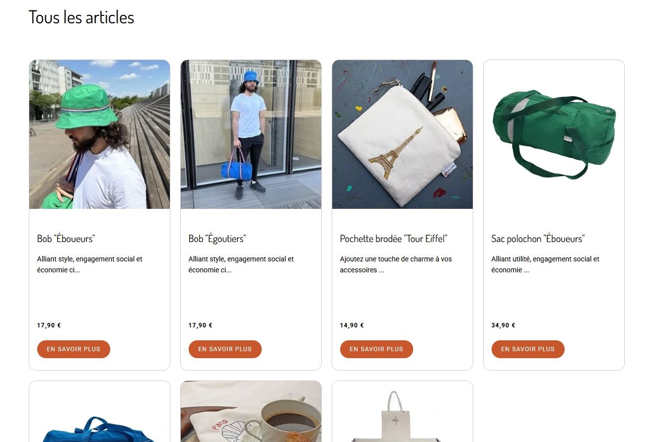 Accessoires artisanaux créés par l'ESAT de la Bièvre : sacs, bobs et pochettes colorés, fabriqués avec soin et disponibles sur ParisLocal.